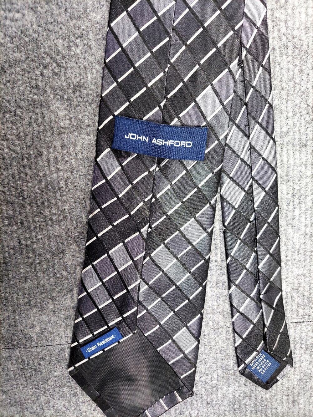 John Ashford Mens Silk Necktie Gray Black Plaid Grid Geometric Stain Resistant